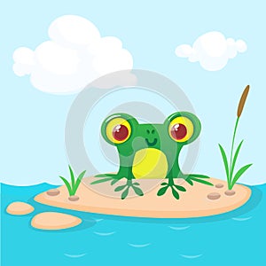 Frog Cartoon Character sitting on the ground in the middle of river or pond or lake background. Colorful vector illustration