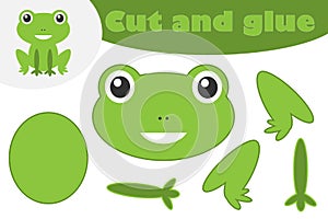 Frog in cartoon style, education game for the development of preschool children, use scissors and glue to create the applique, cut