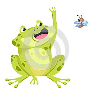 Frog catching fly, funny aquatic animal character photo