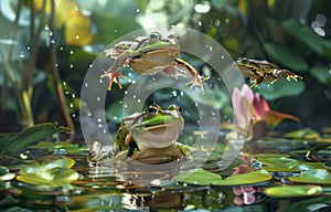 A frog doing leapfrog playfully jumping over other frogs in a lush pond setting