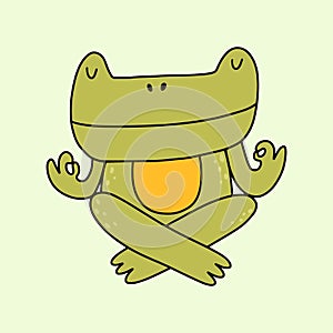 Frog doing yoga. Cute cartoon doodle toad sitting in zen pose on the pool.