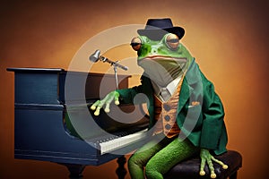 a frog dressed as a jazzman playing piano, created with Generative AI technology