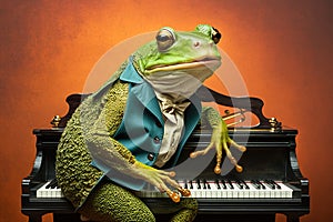 a frog dressed as a jazzman playing piano, created with Generative AI technology