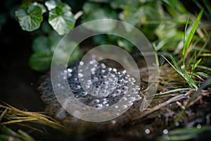 Frog eggs on water surface of pond