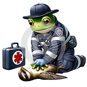 Frog EMT Performing CPR on a Bird watercolor clipart. AI Generated