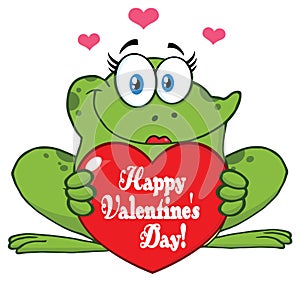 Frog Female Cartoon Mascot Character Holding A Valentine Love Heart With Text Happy Valentines Day