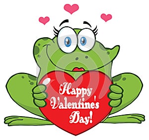 Frog Female Cartoon Mascot Character Holding A Valentine Love Heart With Text Happy Valentines Day.