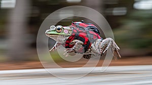 Frog in flight with backpack