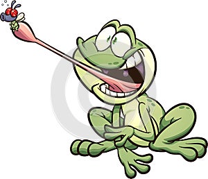 Frog catching a fly with it`s tongue cartoon