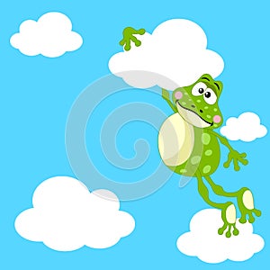 Frog flying in the sky with clouds