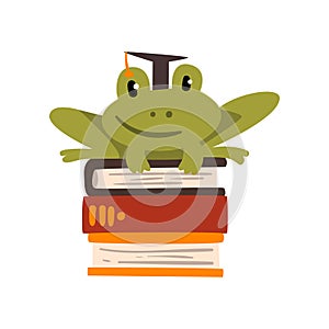 Frog in graduation cap sitting on a pile of books, cute amphibian animal cartoon character, school education and