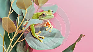 A frog in green against a pastel background