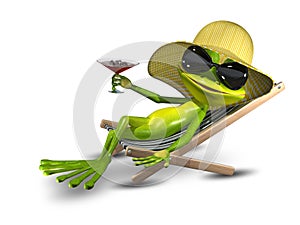 Frog in a hat on a deck chair with a glass