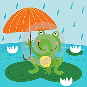 Frog hide from rain under umbrella