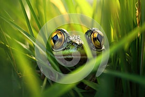 frog hiding in grass, preparing to ambush fly