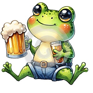 Frog holding a beer glass clipart watercolor