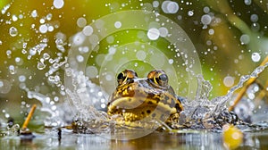 A frog with its eyes wide open, surrounded by splashing water droplets