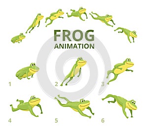 Frog jumping animation. Various keyframes for green animal