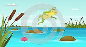 Frog jumping in pond. Vector cartoon background