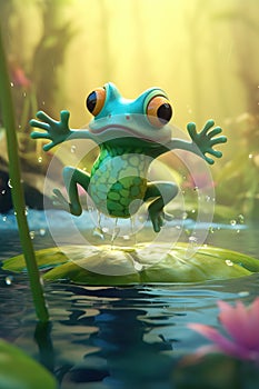 a frog is jumping into the water from a lily pad to a lily pad in a pond with lily pads and water lilies in the foreground