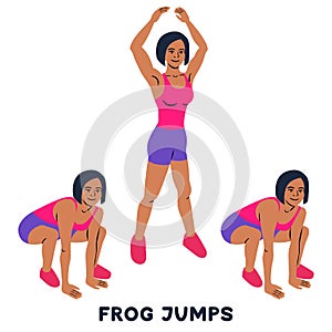 Frog jumps. Sport exersice. Silhouettes of woman doing exercise. Workout, training