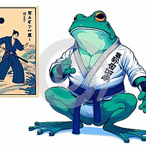 a frog in a kimono and a japanese character