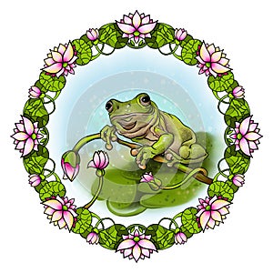 Frog on the lake with lotuses. Decorative pattern for use in textile, postcard, illustration