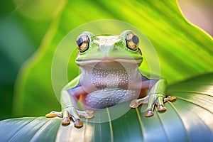 Frog on leaf. Close-up of an Australian green tree frog.