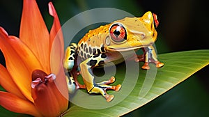 Frog on leaf. Close-up of an Australian green tree frog.