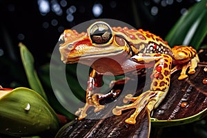 Frog on leaf. Close-up of an Australian green tree frog.