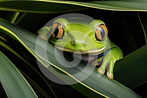 Frog on leaf. Close-up of an Australian green tree frog.