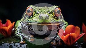 Frog on leaf. Close-up of an Australian green tree frog.