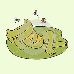 Frog lies on a lily pad. Cute cartoon doodle toad sleeping on the pool.