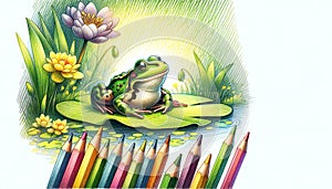 Frog on a Lily Pad with Colored Pencils