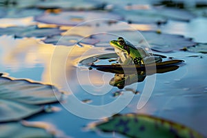 frog on lily pad, still water reflecting evening sky