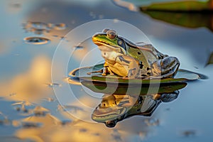 frog on lily pad, still water reflecting evening sky