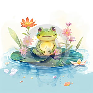 Frog on a lily pad. Watercolor Cute Little Happy Frog clipart on top of water, AI Generated