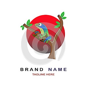 frog logo on tree branch design vector for brand or company and other