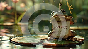 Frog with a love message on a lily pad in a serene pond. a whimsical nature scene capturing romance and fantasy. ideal