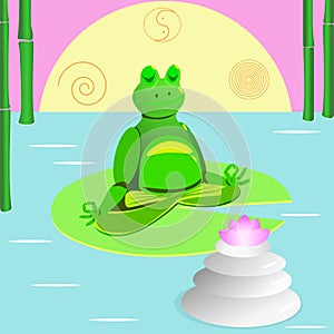 Frog meditation in front of a lotus flower on a lake with bamboo