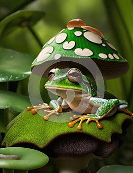 Frog on mushroom in the forest. Green tree frog on a mushroom.