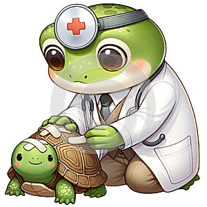 Frog Pediatrician and Baby Turtle watercolor clipart. AI Generated