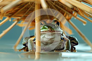 a frog peering from under a miniature bamboo umbrella