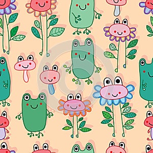 Frog plant seamless pattern