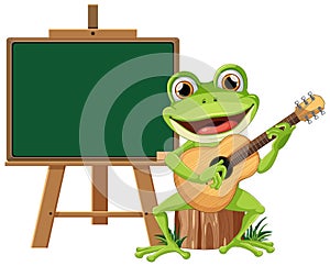 A frog playing guitar beside a blank blackboard