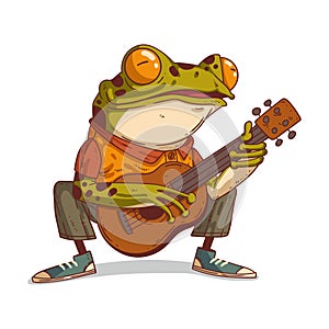 A frog playing guitar, vector illustration. Humanized musician frog. Cheerful anthropomorphic frog, sitting on his haunches and