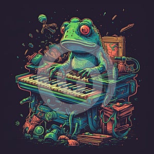 A frog playing piano colorful vinatge image on dark background generative AI