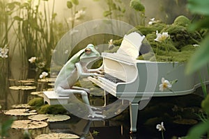 A frog is playing the piano while sitting on a bench beside the water