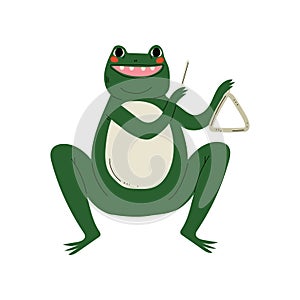 Frog Playing Triangle, Cute Cartoon Animal Musician Character Playing Musical Instrument Vector Illustration