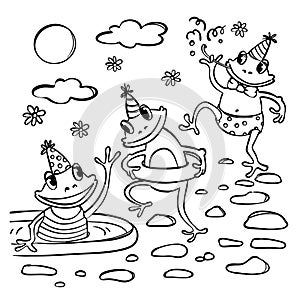 FROG POOL PARTY COLORING BOOK Cartoon Vector Illustration